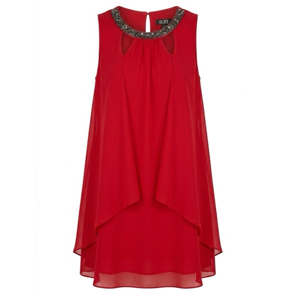SLNY Vibrant Red Dress with Beaded Collar